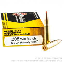 20 Rounds of .308 Win Ammo by Black Hills Ammunition Gold - 125gr GMX