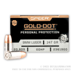 200 Rounds of 9mm Ammo by Speer Gold Dot - 147gr JHP