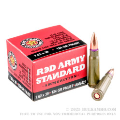 1000 Rounds of 7.62x39mm Ammo by Red Army Standard - 124gr FMJ-BT