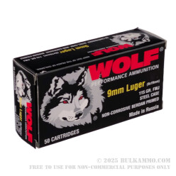 9mm Rounds of 9mm Ammo in Spam Can by Wolf - 115gr FMJ