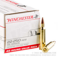 40 Rounds of .22-250 Rem Ammo by Winchester - 45gr JHP