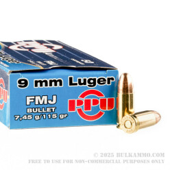 50 Rounds of 9mm Ammo by Prvi Partizan - 115gr FMJ