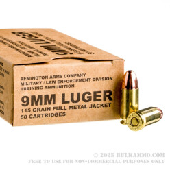 50 Rounds of 9mm Ammo by Remington MIL / LE Contract Overrun - 115gr FMJ