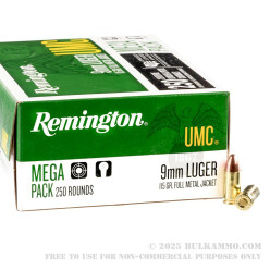 250 Rounds of 9mm Ammo by Remington - 115gr FMJ