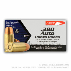 50 Rounds of .380 ACP Ammo by Aguila - 90gr JHP