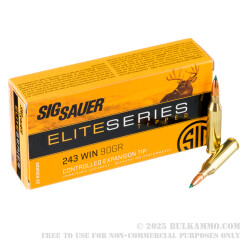 20 Rounds of .243 Win Ammo by Sig Sauer Elite Hunter - 90gr Controlled Expansion Tip