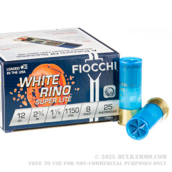 25 Rounds of 12ga Ammo by Fiocchi White Rino Super Lite - 1 1/8 ounce #8 shot