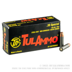 50 Rounds of .38 Spl Ammo by Tula - 130gr FMJ