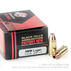 20 Rounds of 9mm Luger Ammo by Black Hills Ammunition - +P 115gr JHP