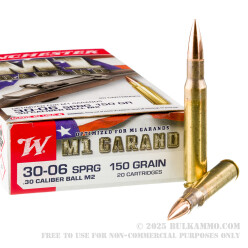 20 Rounds of 30-06 Ammo by Winchester M1 Garand - 150gr FMJ M2 Ball