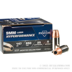 25 Rounds of 9mm Ammo by Fiocchi - 147gr JHP