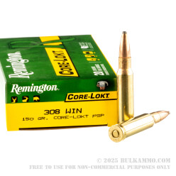 200 Rounds of .308 Win Ammo by Remington Core-Lokt - 150gr PSP