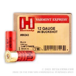 100 Rounds of 12ga Ammo by Hornady Varmint Express - #4 Buck
