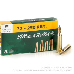 20 Rounds of .22-250 Rem Ammo by Sellier & Bellot - 55gr SP