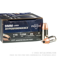 25 Rounds of 9mm Ammo by Fiocchi - 115gr JHP