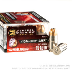 20 Rounds of .45 ACP Ammo by Federal Hydra-Shok Deep - 210gr JHP