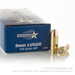 50 Rounds of 9mm Ammo by Independence - 115gr JHP