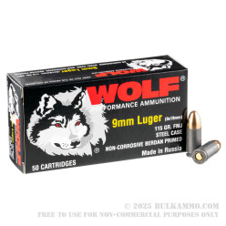 50 Rounds of 9mm Ammo by Wolf Performance - 115gr FMJ