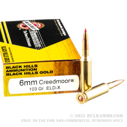 20 Rounds of 6mm Creedmoor Ammo by Black Hills Gold - 103gr ELD-X