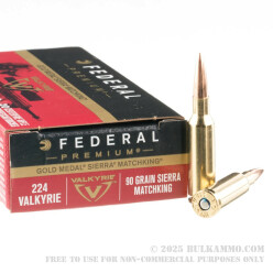 20 Rounds of .224 Valkyrie Ammo by Federal Premium - 90gr Sierra MatchKing HPBT