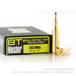 20 Rounds of .243 Win Ammo by Nosler Ammunition - 90gr Nosler Ballistic Tip