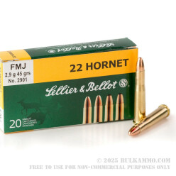 20 Rounds of .22 Hornet Ammo by Sellier & Bellot - 45gr FMJ