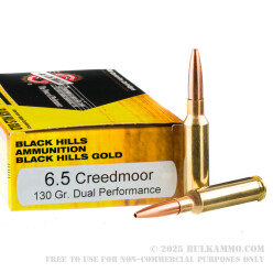 100 Rounds of 6.5 Creedmoor Ammo by Black Hills Ammunition Gold - 130gr Dual Performance