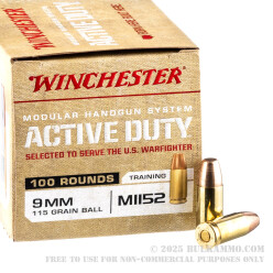 100 Rounds of 9mm Ammo by Winchester Active Duty - 115gr FMJ M1152