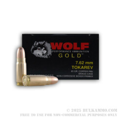 50 Rounds of 7.62 Tokarev Ammo by Wolf Gold - 85gr FMJ