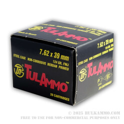 20 Rounds of 7.62x39mm Ammo by Tula - 124gr FMJ