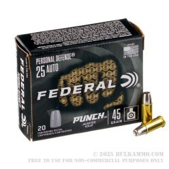 20 Rounds of .25 ACP Ammo by Federal Punch - 45gr Jacketed Solid