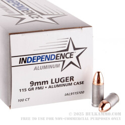 500 Rounds of 9mm Ammo by Independence (Aluminum) - 115gr FMJ