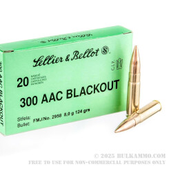 20 Rounds of .300 AAC Blackout Ammo by Sellier & Bellot - 124gr FMJ