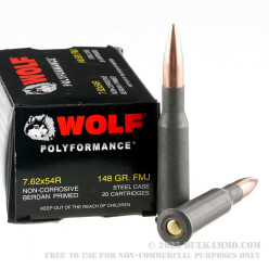 500 Rounds of 7.62x54r Ammo by Wolf Polyformance - 148gr FMJ