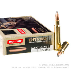 20 Rounds of 7.5x55 Swiss Ammo by Norma Oryx - 180gr SP