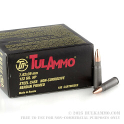 100 Rounds of 7.62x39mm Ammo by Tula - 122gr HP