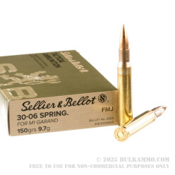 20 Rounds of 30-06 Springfield M1 Garand Ammo by Sellier & Bellot - 150gr M2 Ball FMJ