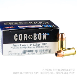 20 Rounds of 9mm + P Ammo by Corbon - 125gr JHP