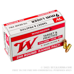 200 Rounds of 9mm Ammo by Winchester - 115gr FMJ