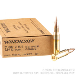 20 Rounds of 7.62x51mm Ammo by Winchester Service Grade - 147gr FMJBT