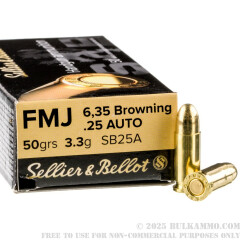 50 Rounds of .25 ACP Ammo by Sellier & Bellot - 50gr FMJ