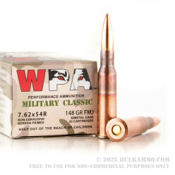 500 Rounds of 7.62x54r Ammo by Wolf Military Classic - 148gr FMJ