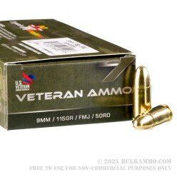 1000 Rounds of 9mm Ammo by Veteran Ammo - 115gr FMJ