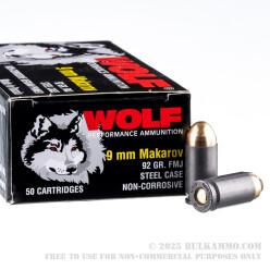 1000 Rounds of 9mm Makarov Ammo by Wolf - 92gr FMJ