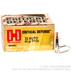 250 Rounds of .32 ACP Ammo by Hornady Critical Defense - 60gr FTX