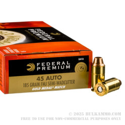 50 Rounds of .45 ACP Ammo by Federal Gold Medal Match - 185gr FMJSWC