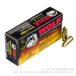 1000 Rounds of 9mm Ammo by Wolf Gold - 124gr FMJ