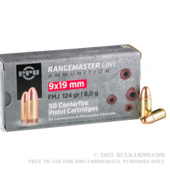 50 Rounds of 9mm Ammo by Prvi Partizan Rangemaster - 124gr FMJ