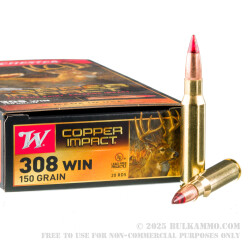 20 Rounds of .308 Win Ammo by Winchester Copper Impact - 150gr Copper Extreme Point