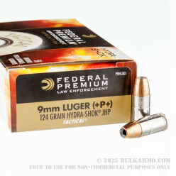 1000 Rounds of 9mm Ammo by Federal Law Enforcement - +P+ 124gr Hydra-Shok JHP